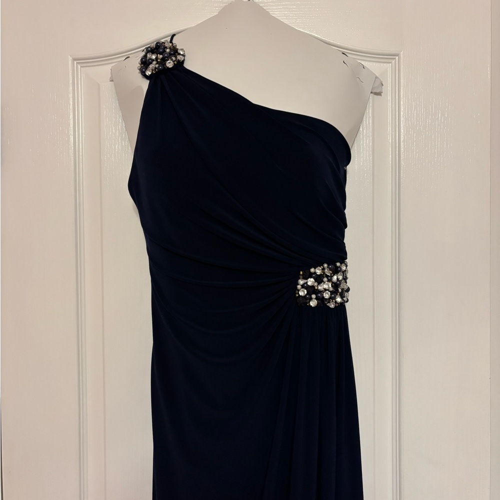 Cache Navy blue Asymmetrical Ruched Embellished Gown